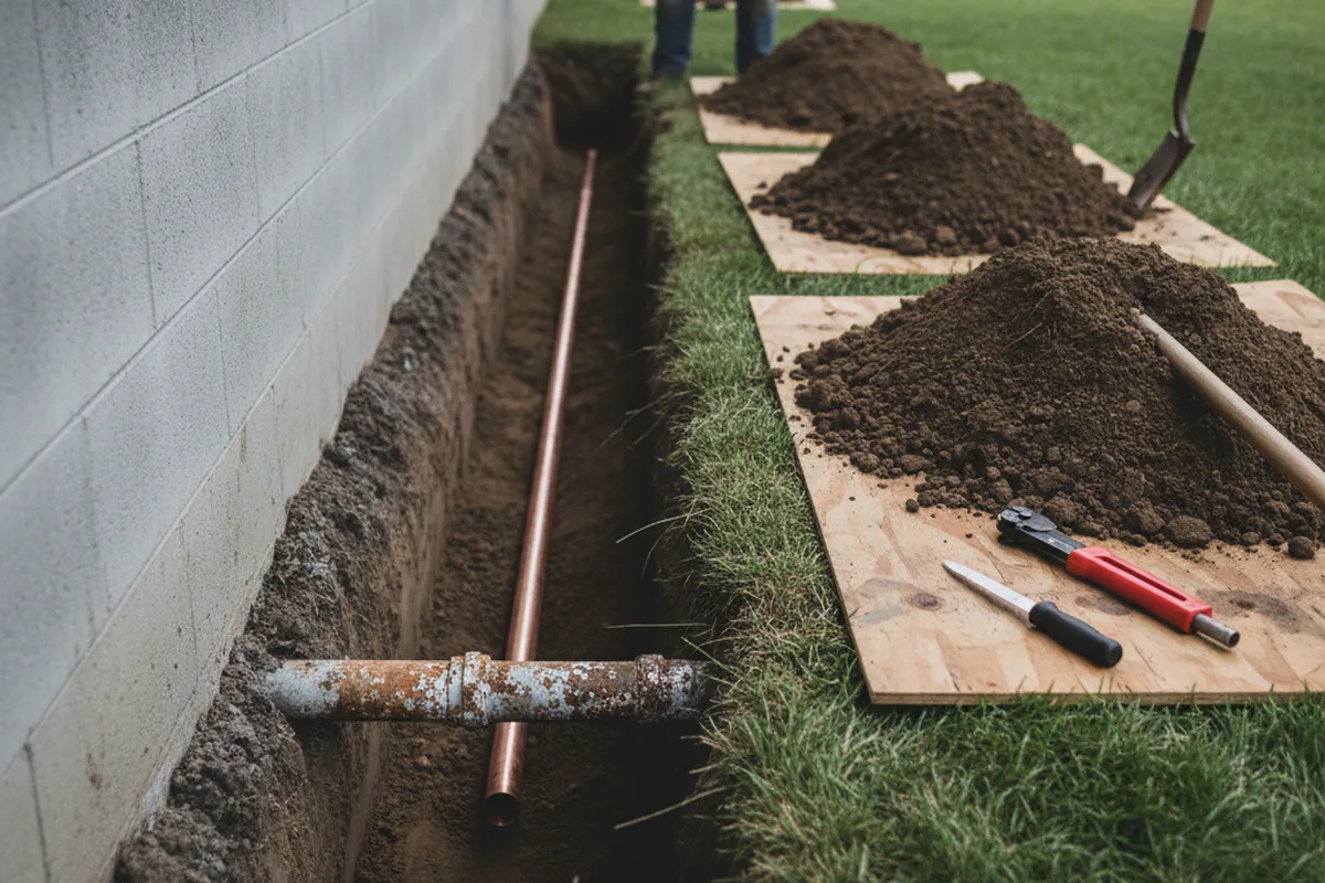 Excavated water line trench during Water Softener Installation in Coalinga